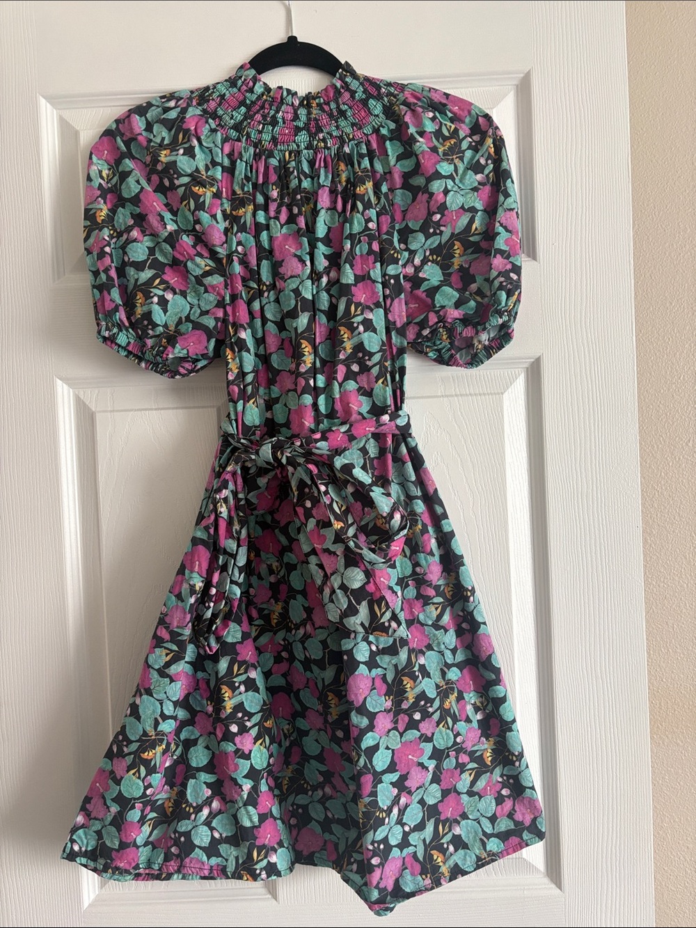Floral Smocked Neck Dress in Pink & Teal